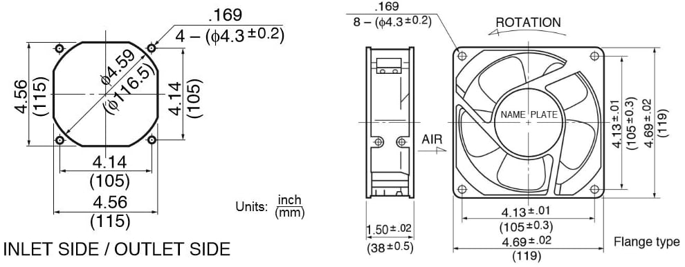 Mechanical Drawing - NMB Technologies 11938MB High Reliability AC Axial Fans